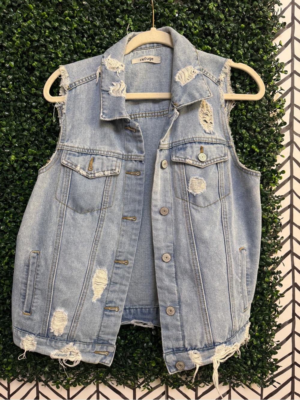 Refuge Light Blue Distressed Denim Vest